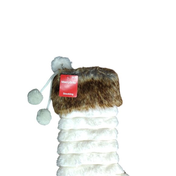 Merry Brite 21 inch Faux Fur Christmas Stocking With Pom Poms - Picture 2 of 4